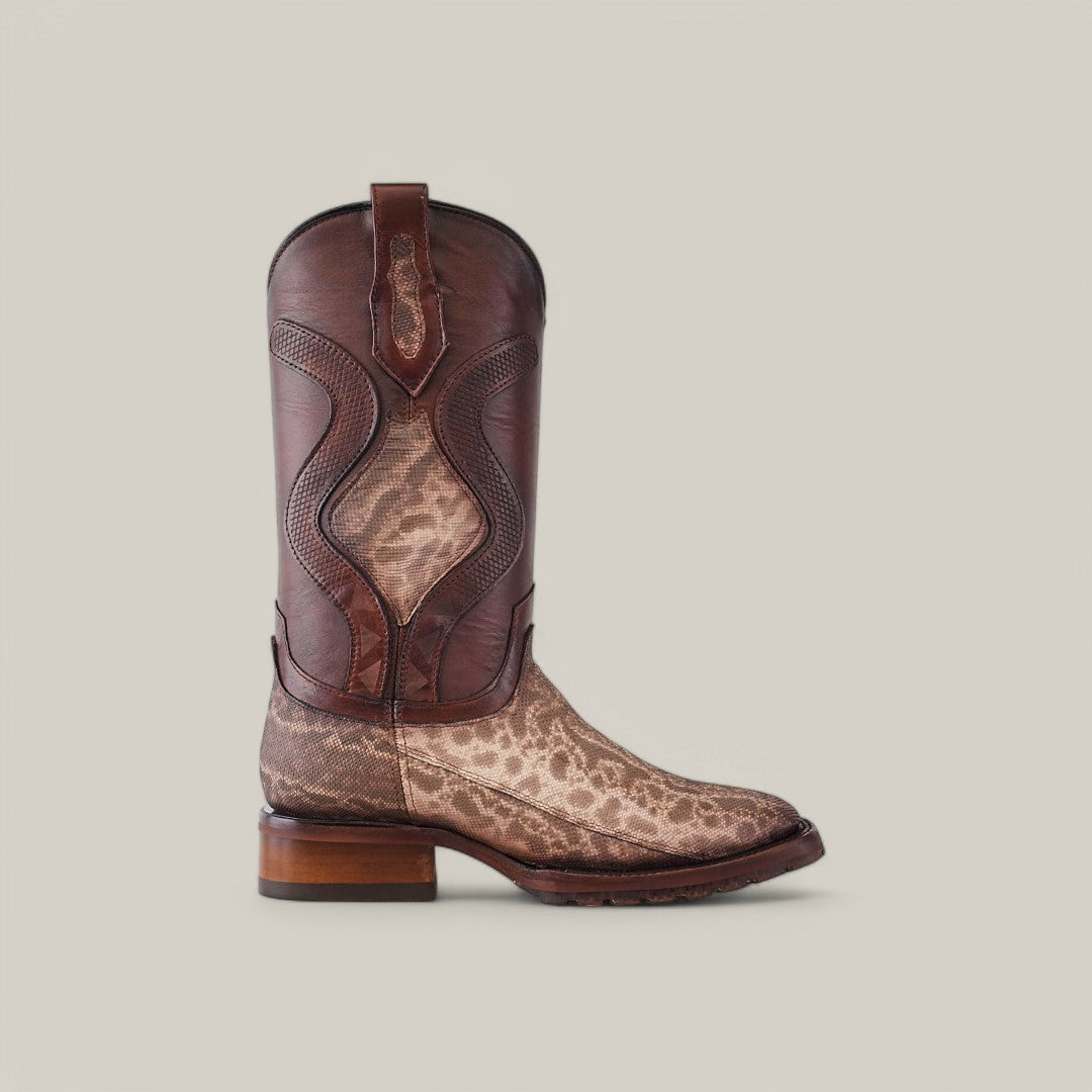 The Exotic Carunga - Diamond - Natural boots feature a brown leather upper with intricate Western stitching, a tan snake-print lower from exotic leather, and a wooden stacked heel, all set against a light background.