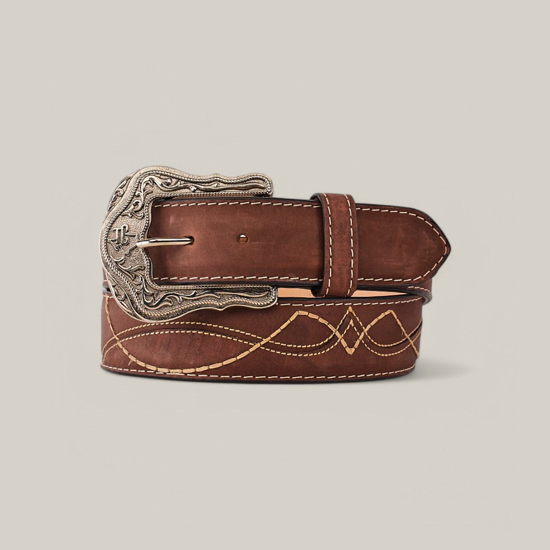 Introducing the Crazy Brown Belt - Texas Buckle, crafted from premium leather with intricate tan stitching and featuring a large Texas Buckle with decorative engravings against a light beige background.