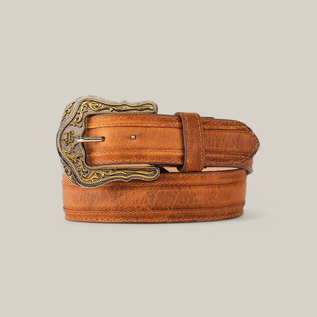 The Cater Honey Belt - Texas Buckle boasts a brown leather design with a silver and gold-toned intricately crafted Texas buckle, exuding western charm against a light gray backdrop.
