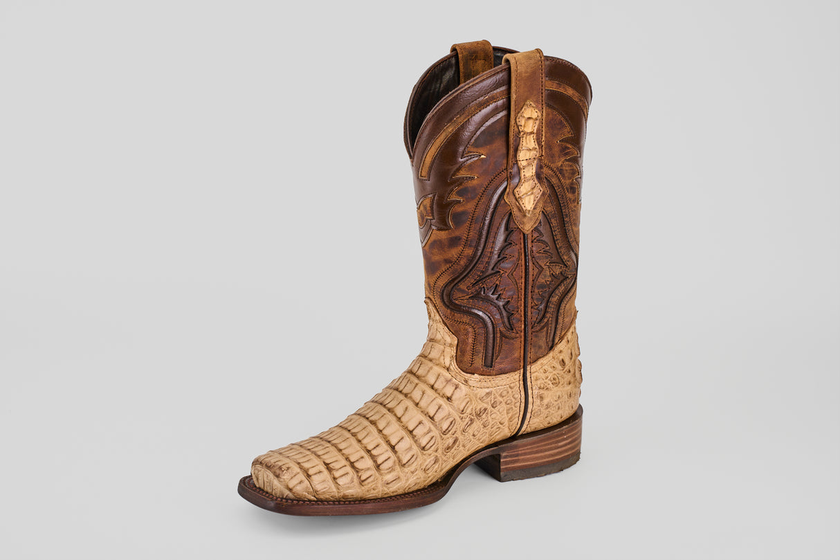 The Exotic Caiman Hornback - Orix - Rodeo Toe features a handcrafted two-tone design with a brown stitched upper and a textured light tan exotic leather lower, shown against a plain light background.