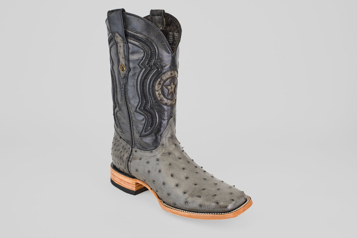 The Exotic Full Quilt Ostrich - Gray - Square Toe features dark decorative stitching, a star design on the shaft, a gray ostrich leather upper, square toe, and a light stacked heel and sole shown against a plain light background.