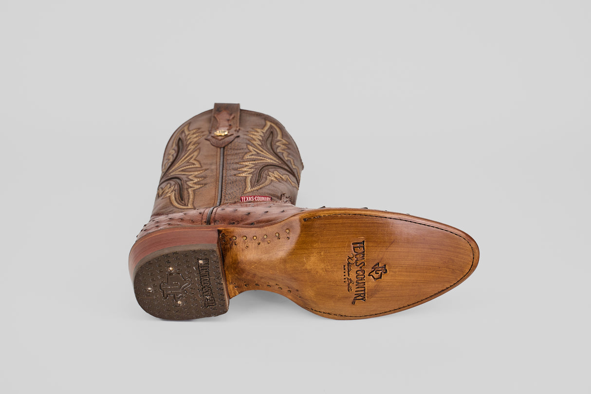 An Austin - Brown - Round Toe cowboy boot lies on its side, showing the sole with the TEXAS LEGEND logo and upper decorative stitching, set against a plain light gray background.