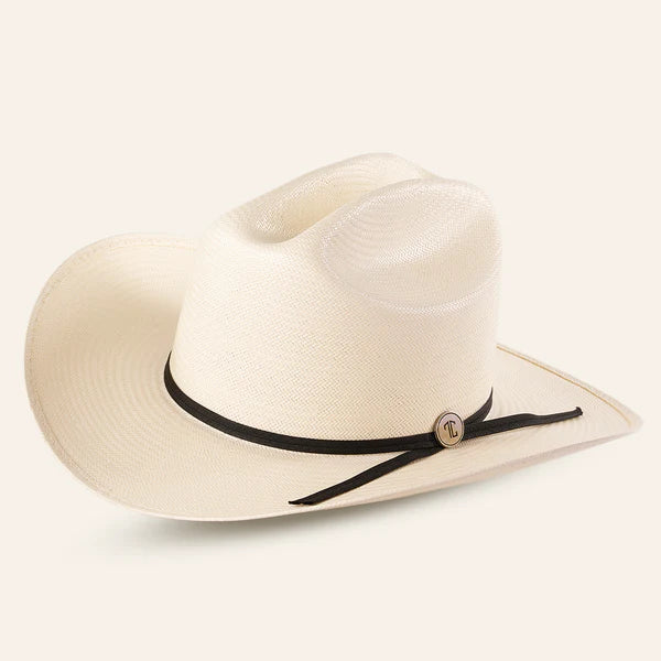 The 30x Sinaloa Straw Hat features a wide brim and black band for excellent sun protection. With a small round metal accent, this light-colored cowboy hat is perfect for outdoor adventures and is set against a plain light background.