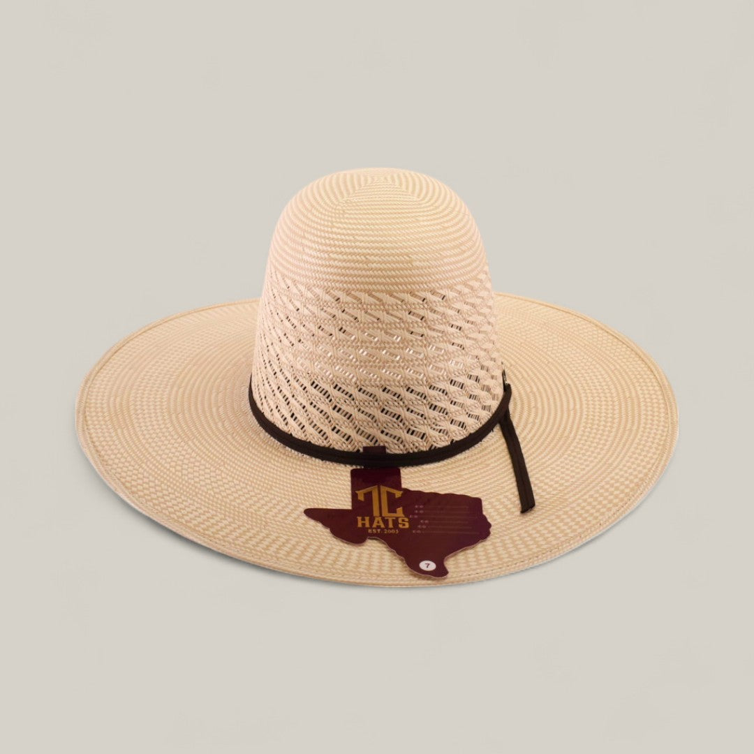 The 30X Worm - Open Crown is a wide-brimmed straw hat with a black band and a brown Texas-shaped patch on the brim featuring TC HATS in yellow, displayed against a plain, light background for a distinctive look.
