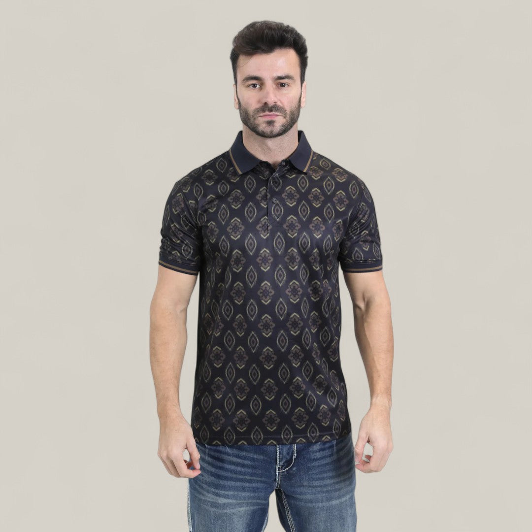 A man with short dark hair and a beard stands facing forward, wearing the Mens Modern Fit Stretch Cotton Black Polo with Aztec Print (AZP10859) and blue jeans, against a plain light gray background.