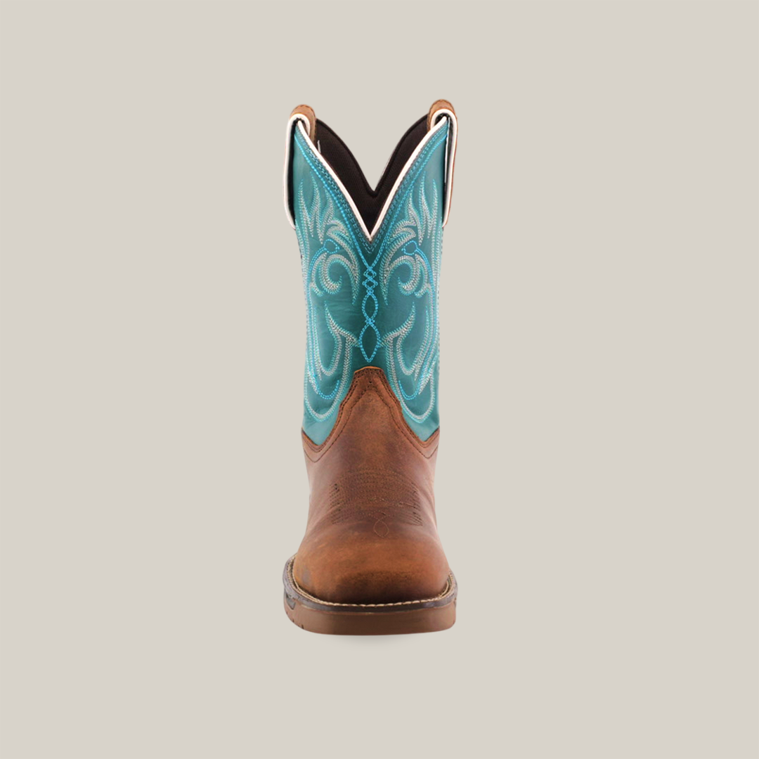 The Rustic Turquoise Brown cowboy boot stands upright against a white background, featuring an embroidered turquoise upper and crafted from premium cowhide leather.