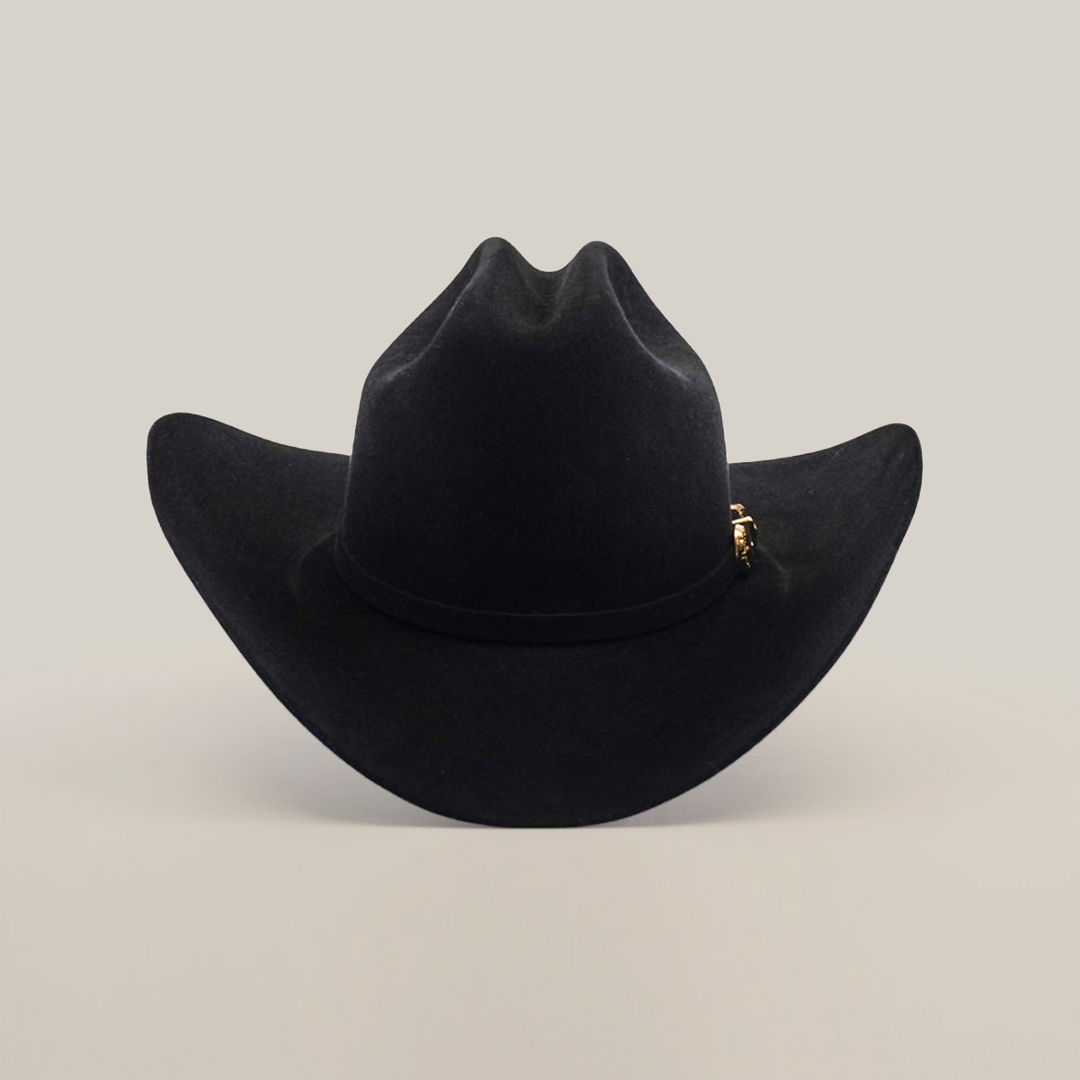 Set against a white backdrop, the 5X Dorado Black cowboy hat by Milano Hat Co. features a wide brim and is made from premium wild rabbit and beaver fur felt. A small golden emblem decorates the band on the right, adding elegance to this western headpiece.