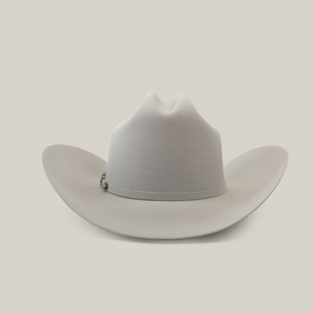 The 500X Superior Platinum is a luxurious light gray cowboy hat made from premium belly beaver fur, with a wide brim, top crease, and decorated band, set on a plain white background.