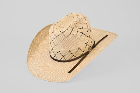 A light tan woven cowboy hat with a dark brown band and decorative patterns, set against a plain light gray background.