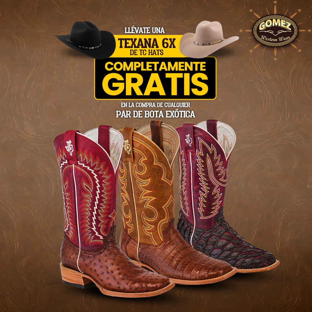 Three pairs of exotic leather cowboy boots in red, brown, and black, with a promo offering a free 6X cowboy hat with any boot purchase. Background features a western pattern and the Gómez Western Wear logo.
