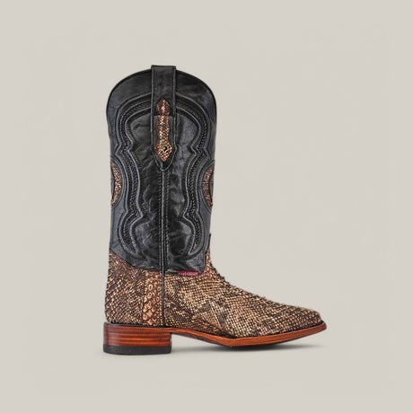 The Exotic Python - Rustic Bone - Square Toe boots showcase a Western vibe with black shaft detailed stitching and a brown snakeskin-patterned python leather foot, complemented by polished wooden soles and heels.
