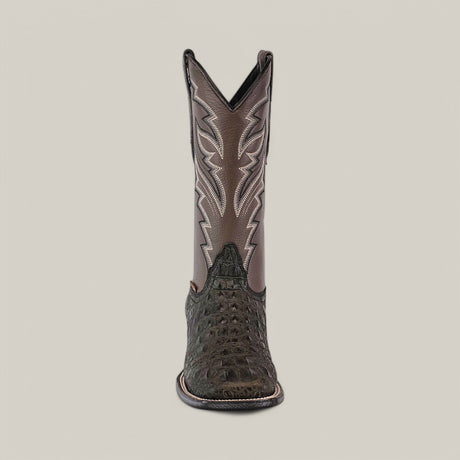 Front view of the Alligatoar Head Print Gray cowboy boot, featuring a green alligator head print on the foot and intricate stitching on the brown shaft. The boot has a tall silhouette with a square toe, set against a plain background.