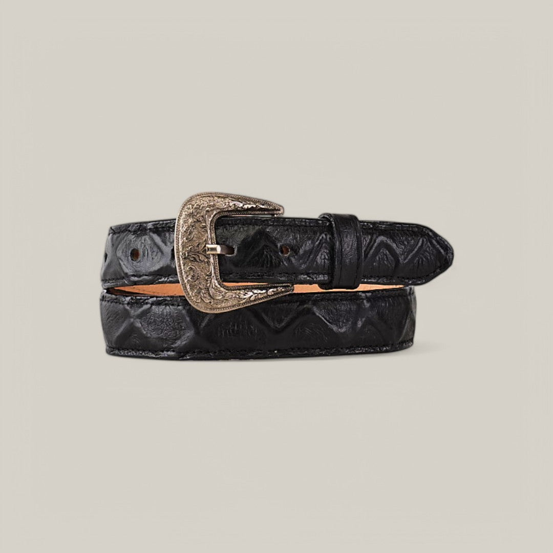 The Pirarucu Print Black Belt - Texas Buckle for kids features a textured diamond pattern and an ornate, intricately engraved buckle, seamlessly blending style and durability in a sophisticated accessory.