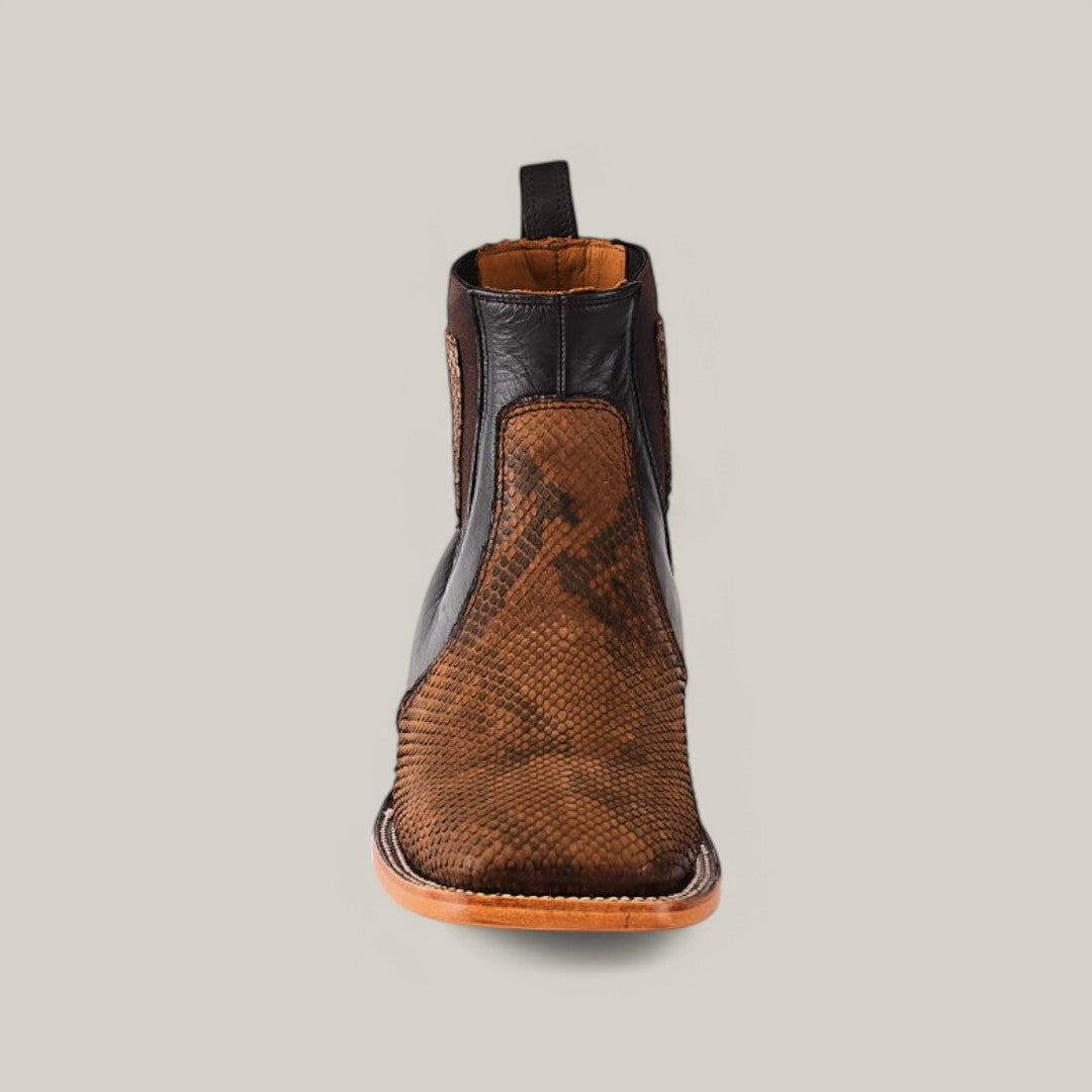Front view of the Exotic Python - Tamarindo - Ankle Boot, crafted from brown and black python-embossed leather against a light gray background. It features a smooth toe, a convenient pull tab at the back, and showcases its refined design.