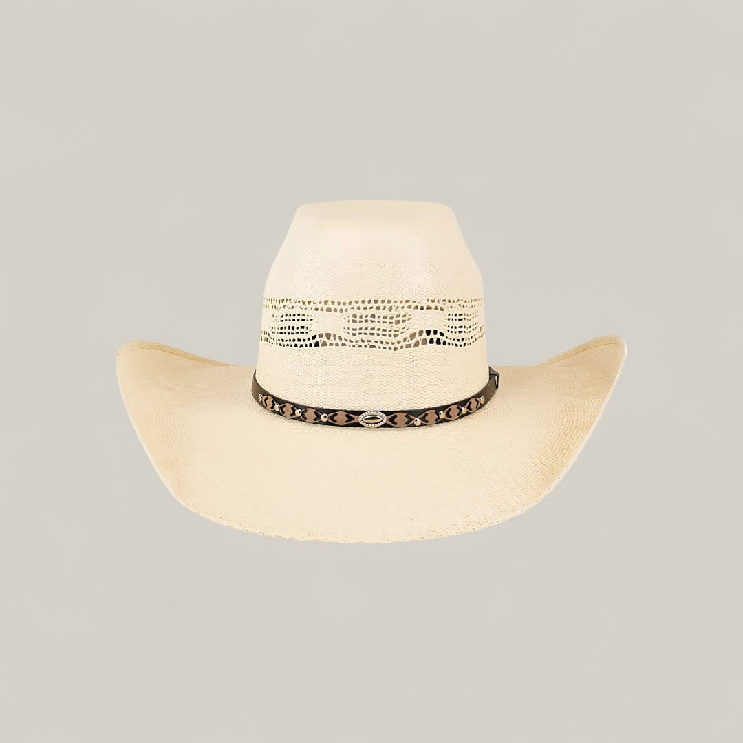 The 50x Brazil Straw Hat is light beige with a wide brim, vented crown, and a black geometric-patterned band—ideal for summer style and sun protection—shown on a plain light background.