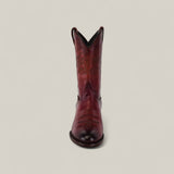 A single Wyatt - Cogñac - Roper Toe boot in rich red leather with decorative stitching, expertly crafted and displayed from the front against a plain light background.