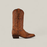 The Fresno - Tabaco - Snip Toe boot features quality brown cowhide, decorative stitching, and a pointed snip toe, displayed in profile on a plain light background—a showcase of timeless style and craftsmanship.