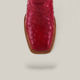 A close-up, top view of the Exotic Full Quilt Ostrich - Red - Square Toe boot, featuring detailed stitching and a square toe design, set against a light gray background.