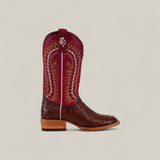 The Exotic Full Quilt Ostrich - Red / Brown - Square Toe from the Platinum Collection features a brown ostrich leather foot and a tall red shaft with zigzag and flame stitching, shown on a plain light background.