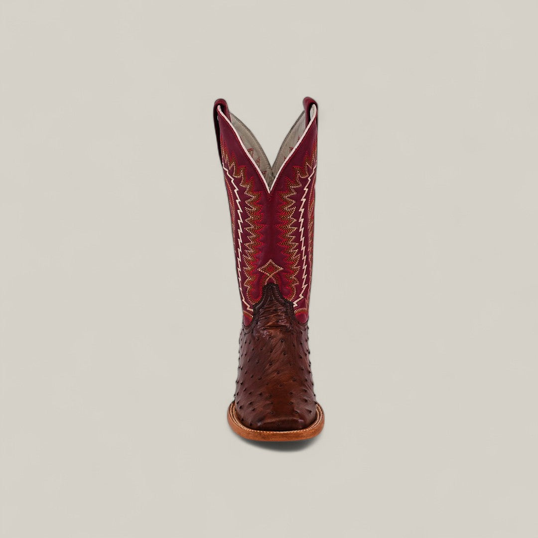 The Exotic Full Quilt Ostrich - Red / Brown - Square Toe boot showcases a brown full quilt ostrich leather foot and a tall red shaft with white and gold stitching, displayed upright on a plain light background.