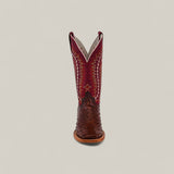 The Exotic Full Quilt Ostrich - Red / Brown - Square Toe boot showcases a brown full quilt ostrich leather foot and a tall red shaft with white and gold stitching, displayed upright on a plain light background.