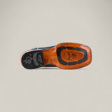 The image displays the bottom view of the Exotic Full Quilt Ostrich - Blue - Square Toe dress shoe with a tan leather sole, a black rubber grip section, visible stitching, and embossed brand logos.