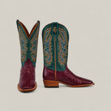 A pair of Exotic Full Quilt Ostrich boots in Wine from the Platinum Collection, featuring maroon ostrich leather foot, square toe, teal shafts with colorful stitching, and tan interiors against a light background.