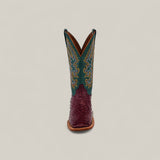 The Exotic Full Quilt Ostrich - Wine - Square Toe boot features a textured burgundy foot, tall green shaft, and intricate yellow-blue stitching—part of the Platinum Collection—displayed against a plain, light background.