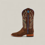 A single Exotic Python - Tamarindo - Square Toe boot, featuring brown textured python leather, intricate yellow, blue, and white stitching on the shaft, blue side piping, and a wooden heel against a plain light background.