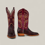 A pair of Exotic Python - Blackcherry - Square Toe cowboy boots with square toes and stylish details, displayed against a plain light background.