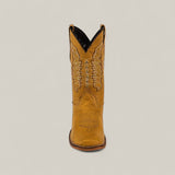 A single Orion Yellow - Square Toe kids boot with decorative stitching, shown from the front against a plain light background.