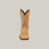 The Premiere Suede Bone - Square Toe - Kids boots feature tan suede, decorative stitching, and small silver studs, displayed upright and facing forward against a plain light background.