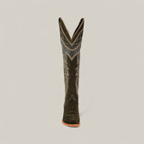 A single Della Olive Green tall shaft snip toe boot with decorative stitching stands upright, viewed directly from the front, against a plain light background.