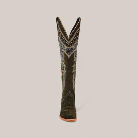 A single Della Olive Green tall shaft snip toe boot with decorative stitching stands upright, viewed directly from the front, against a plain light background.