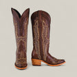 The Susan Brown - Tall Shaft - Snip Toe boots showcase brown leather, light-colored stitching, a medium wooden heel, and a tall shaft design for women, displayed against a plain light background.