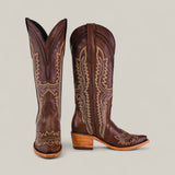 The Susan Brown - Tall Shaft - Snip Toe boots showcase brown leather, light-colored stitching, a medium wooden heel, and a tall shaft design for women, displayed against a plain light background.