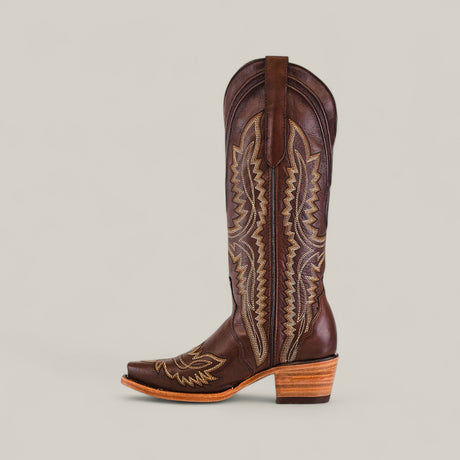 The Susan Brown - Tall Shaft - Snip Toe boot features brown leather with tan and gold stitching, a pointed snip toe, and a stacked wooden heel—ideal for those seeking stylish womens boots.
