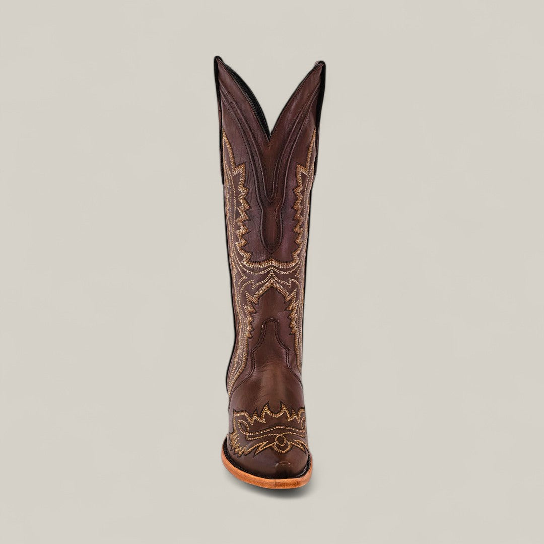 Susan Brown - Tall Shaft - Snip Toe: A single tall brown leather boot with tan stitching, shown from the front on a plain light background—stylish and statement-making womens footwear.