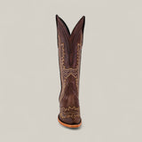 Susan Brown - Tall Shaft - Snip Toe: A single tall brown leather boot with tan stitching, shown from the front on a plain light background—stylish and statement-making womens footwear.