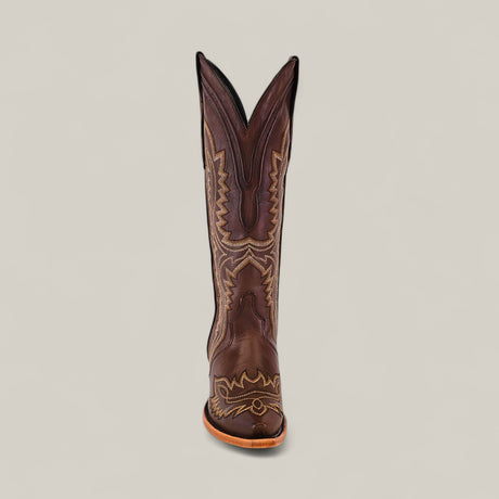 Susan Brown - Tall Shaft - Snip Toe: A single tall brown leather boot with tan stitching, shown from the front on a plain light background—stylish and statement-making womens footwear.