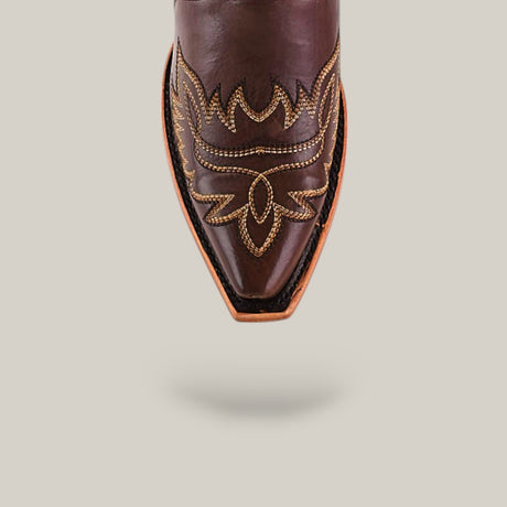 Close-up of the Susan Brown - Tall Shaft boot, featuring a snip toe in brown leather with tan decorative stitching, set against a plain light gray background.