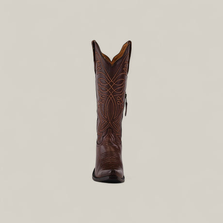 The Kellie Clayton Caramel Leather Sole boot features a tall shaft, snip toe, and decorative stitching, shown upright against a light beige background—perfect for stylish womens boot enthusiasts.