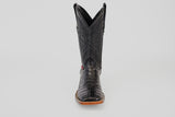 The Exotic Caiman Belly - Black- Square Toe boot, crafted from caiman leather with detailed stitching and a textured pattern, is displayed from the front against a plain light gray background.