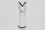 A single white Austin cowboy boot with a round toe and decorative stitching, viewed from the front against a plain light background. Style: Austin - White - Round Toe.