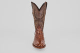 The Austin - Brown - Round Toe boot features intricate stitching on the upper shaft and a textured, glossy avestruz lower section in Kango Tabaco, displayed from the front on a plain white background.
