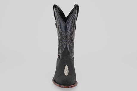 The Ranger – Black – Round Toe boot features decorative stitching and a textured stingray leather pattern on the front, shown from the front against a plain, light gray background.