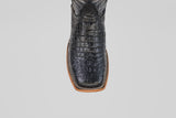 A top-down close-up of the Caiman Belly Black - Embossed Leather - Square Toe (E423) boots highlights the square toe, light brown sole, and bold black crocodile-embossed leather on a plain white background.