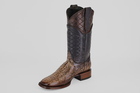 The Tanner Platinum - Dune - Square Toe (Imperial) boot features a brown textured snakeskin lower, dark quilted leather upper, square toe, and stacked wooden heel—perfect for men seeking standout western style.