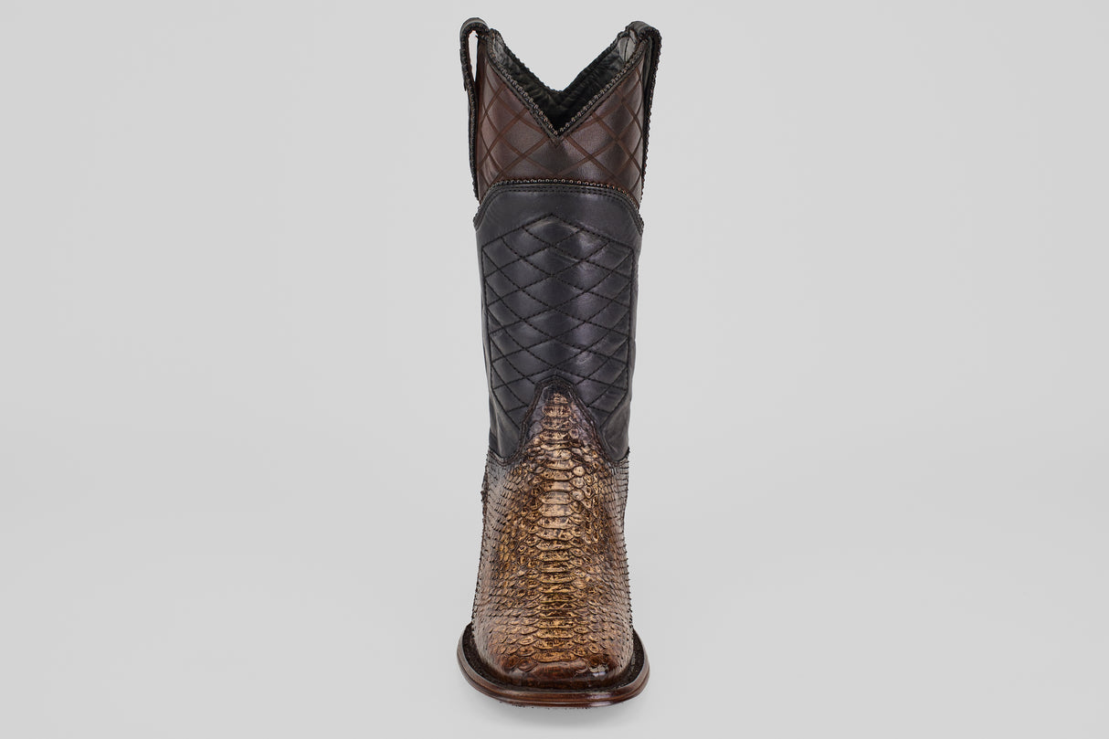The Tanner Platinum - Dune - Square Toe (Imperial) is a men's cowboy boot featuring a patterned dark upper and textured brown python-like lower, shown from the front on a plain light background.