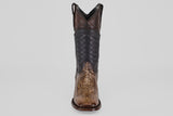 The Tanner Platinum - Dune - Square Toe (Imperial) is a men's cowboy boot featuring a patterned dark upper and textured brown python-like lower, shown from the front on a plain light background.
